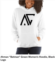 AHMAN “BATMAN” GREEN WOMEN'S HOODIE, BLACK LOGO